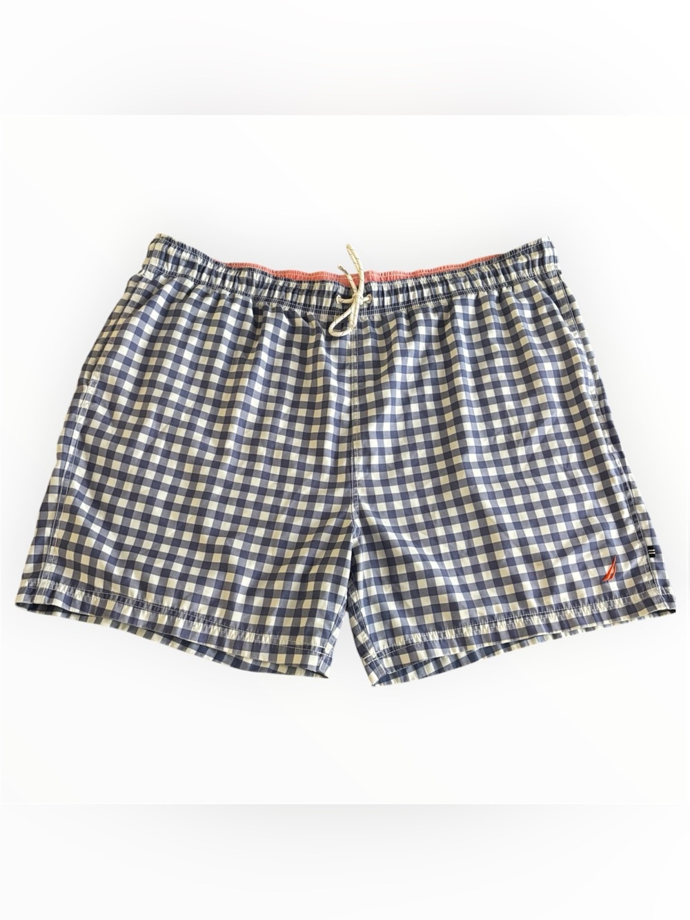 Nautica Men’s Navy & White Gingham Swim Trunks with Coral Waistband | Size XXL